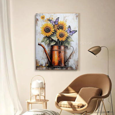 Arrosoir rétro avec tournesols, art mural sur toile, peinture murale rustique florale, reproduction d'art, affiche, charmants papillons, maison de campagne pour cuisine, salle à manger, 16 x 24 pouces
