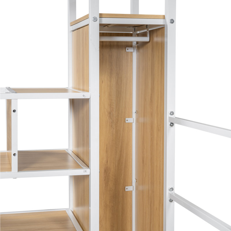 Lit mezzanine en métal avec poste de travail intégré, garde-robe, escalier de rangement et DEL, blanc