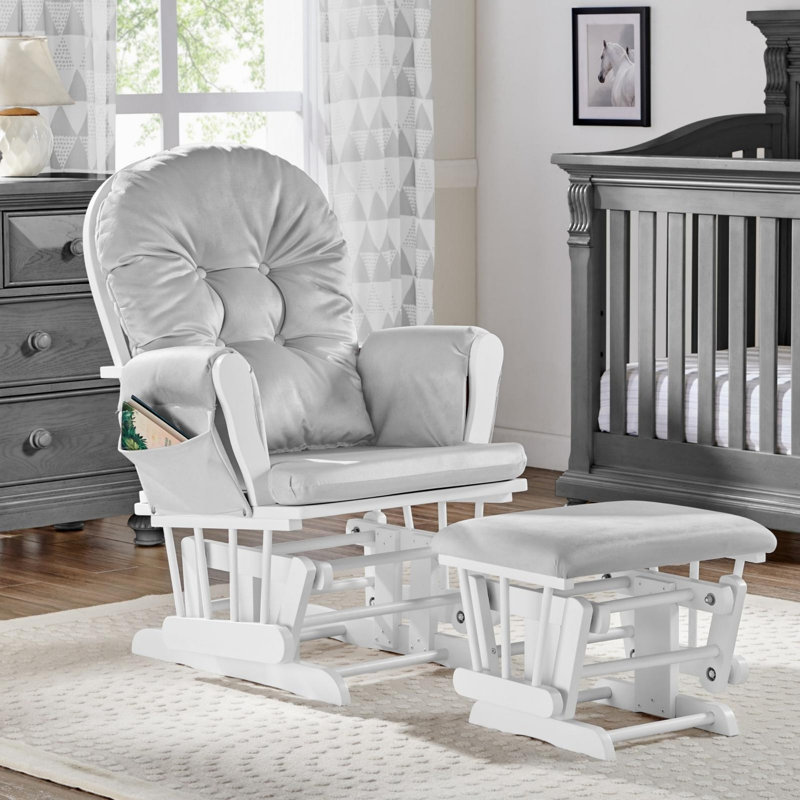 Cleo Wooden Glider and Ottoman, White Wood, Light Gray Polyester