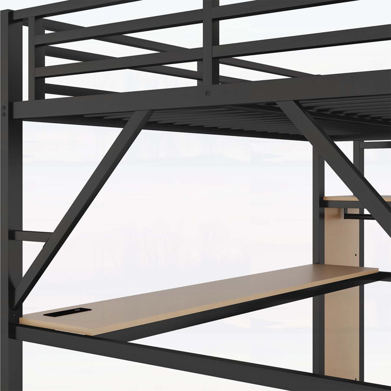Grand lit mezzanine en métal avec bureau, escalier et station de charge, idéal pour les enfants et les adolescents, maximisant l'espace et la fonctionnalité