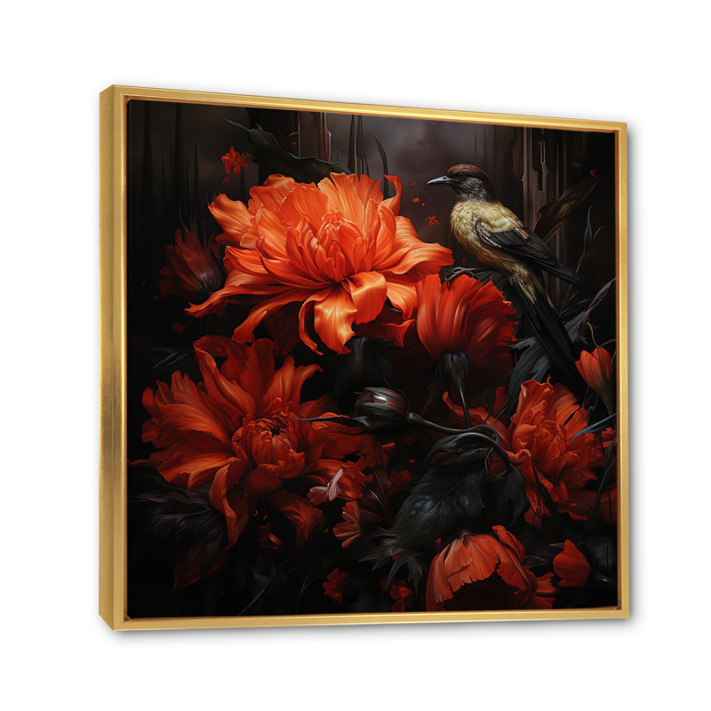 Bluejaybirds modernes sur fleur sur toile, Cadre flottant doré, H 36 po x l 36 po x P 1,5 po