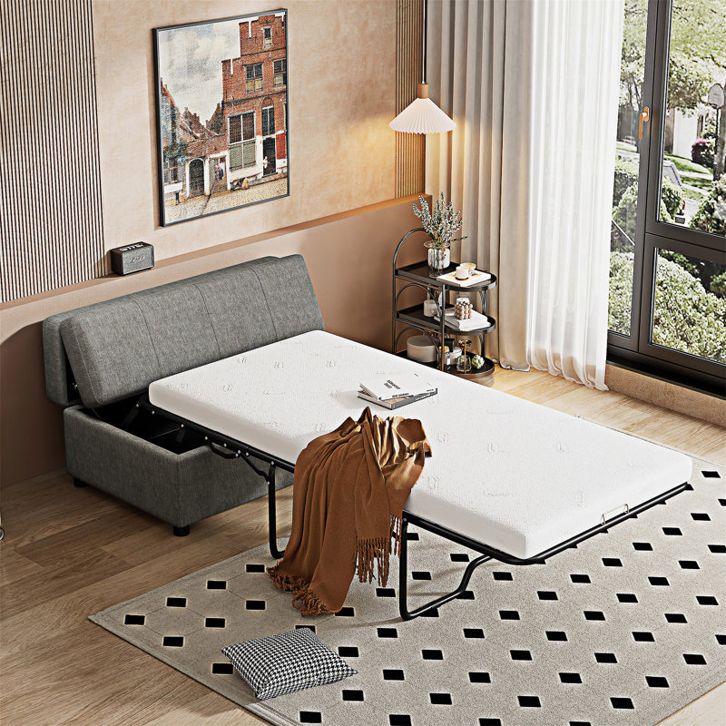 Lit simple escamotable avec repose-pieds et matelas, Gris foncé
