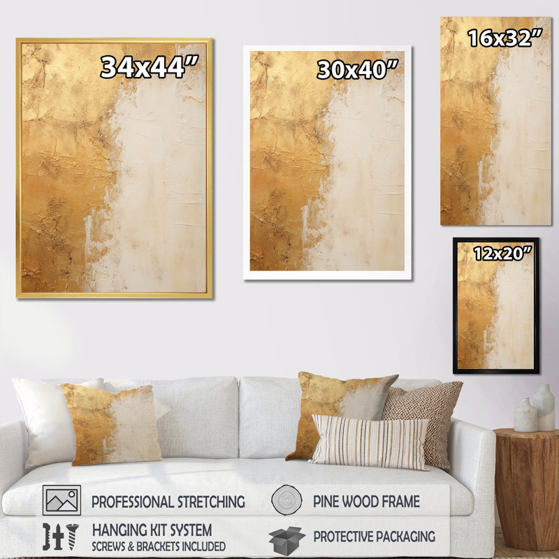 Reproduction d'art sur toile encadrée abstraite or et blanc, H 32 po x l 16 po x P 1 po, Cadre flottant noir