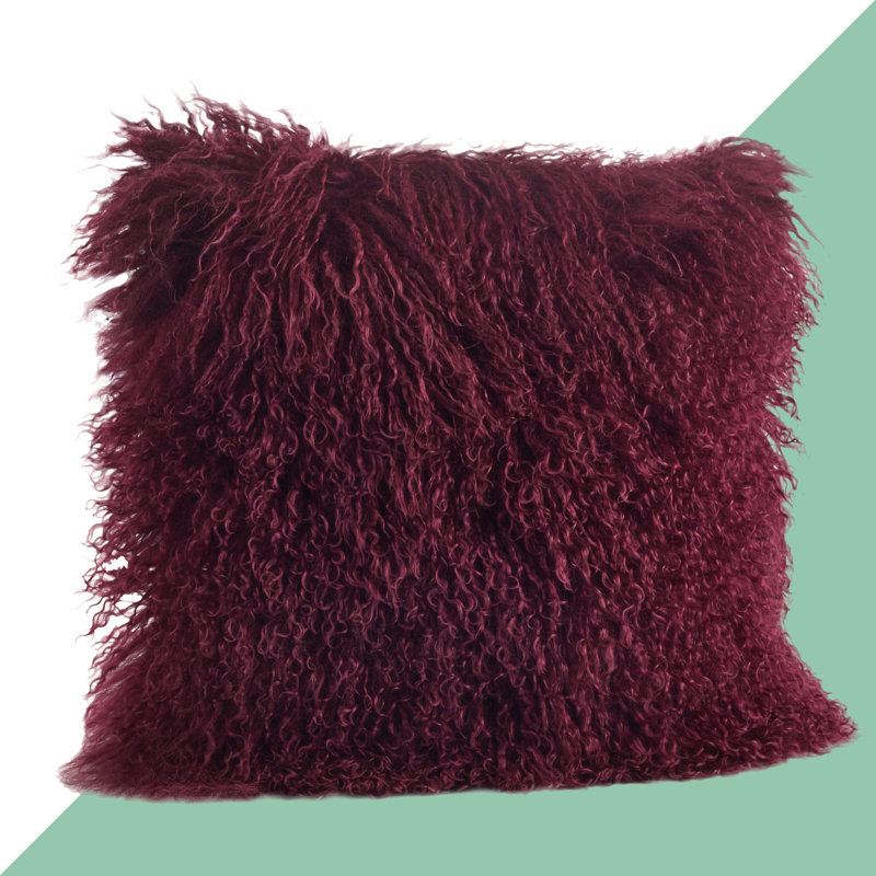 Coussin décoratif carré avec sa housse en laine d'agneau Iyana, Aubergine, Carré 16 po