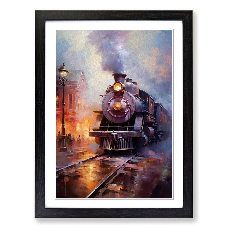 Train Impressionism - Single Picture Frame Print on Wood, 46cm H x 34cm W, Black Framed