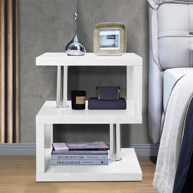 White Led Side Table Small Coffee Table For Living Room, High Gloss S Shape Sofa End Table With RGB Led Lights, 2 Tier Storage Shelves Ractangle Coffee Table For Home Office Furniture