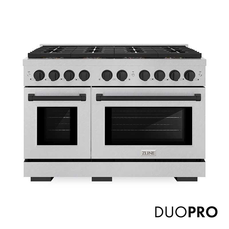 ZLINE Autograph Edition 48 in. 6.7 cu. ft. Paramount Gas Range W/ 8 Burner DuoPro Cooktop and Dual Ovens in Satin Stainless Steel and Matte Black Accents