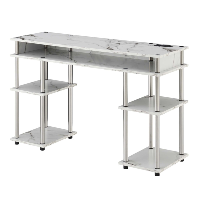 Bureau d'ordinateur Edwin No Tools avec prises intégrées, Marbre blanc