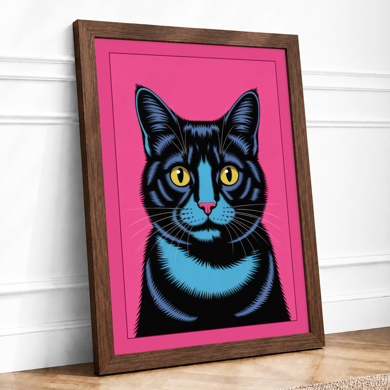 Alert Black Cat Modern - Framed Print, A2 - 59.4 x 42.0 cm, Walnut