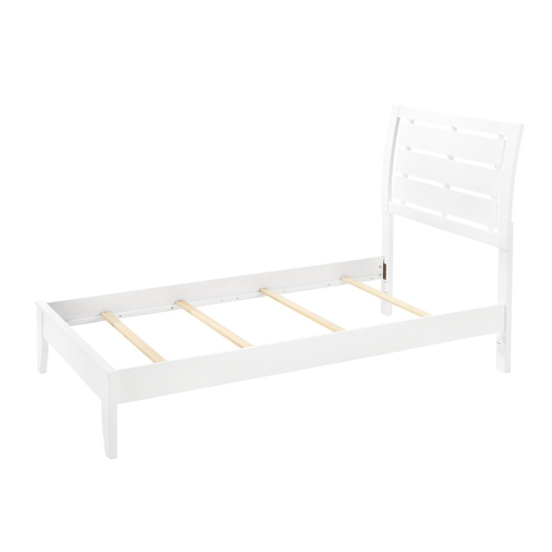 Structure de lit simple en blanc, avec un design géométrique moderne et des meubles de chambre à coucher durables, pieds de tête de lit légèrement incurvés blancs