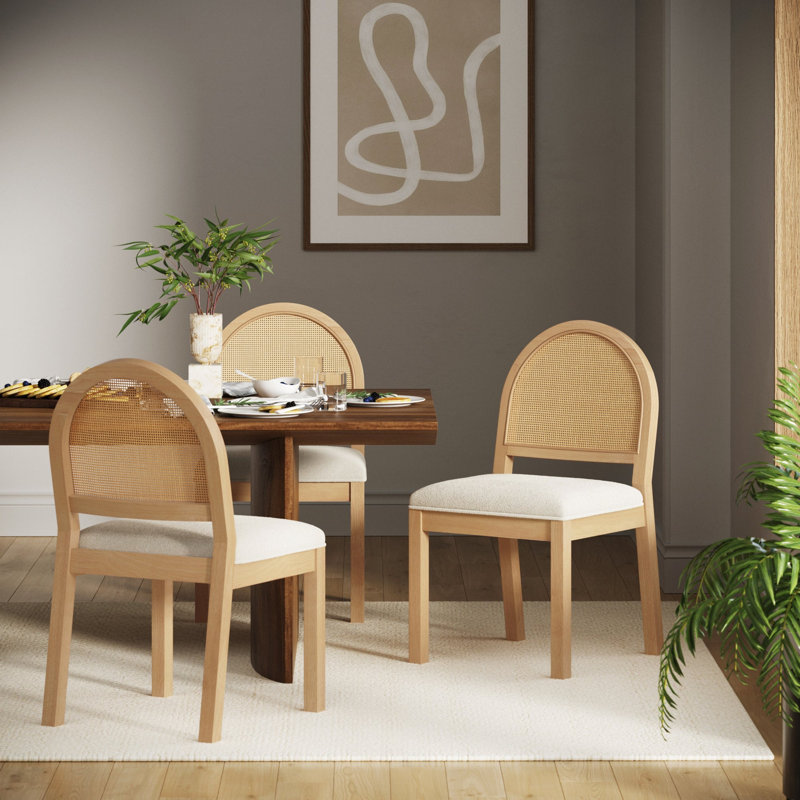 Tabouret court rembourré avec dossier en rotin tissé Boucle, Crème / pin chaud, 1