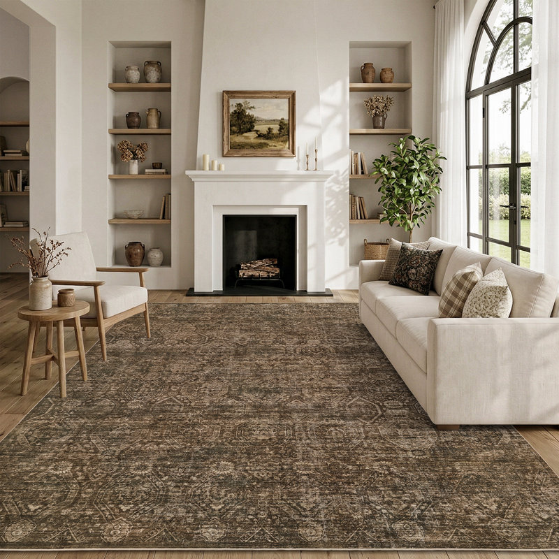 Soft Washable Vintage Distressed Brown Area Rug with Non-Slip Backing , Rectangle 8' x 10', Brown