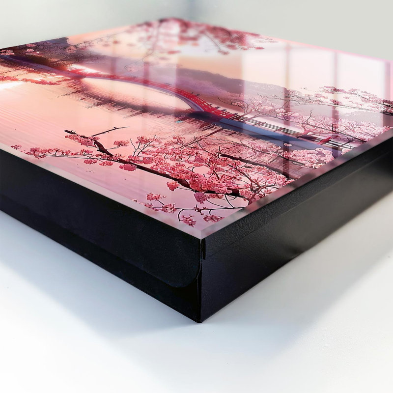 Key cabinet for home, Opens to the right, 30x30x5, White, Red bridge with pink cherries and sun, 