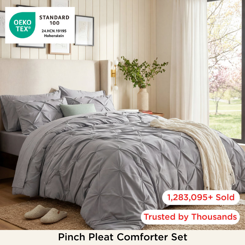 Bedsure Twin-XL Pintuck Bed-in-a-Bag- Gray Pinch Pleat Comforter with Sheets, Pillowcases & Shams, Gray