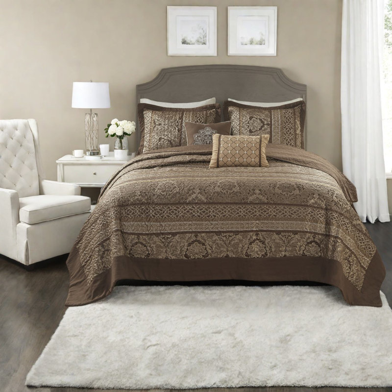 Ensemble de literie luxueuse 5 pièces en jacquard réversible brun et doré, très grand
