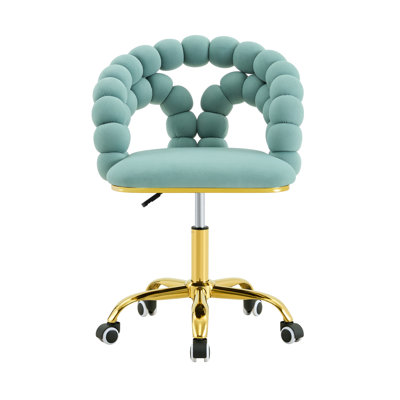 Fauteuil de bureau pivotant en velours moderne avec dossier à bulles, fauteuil de coiffeuse rembourré avec base en métal doré, fauteuil de bureau roulant pour bureau à domicile, chambre à coucher, salle de maquillage, bleu sarcelle (ensemble de 1)