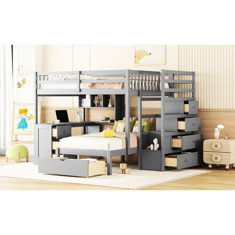 Space Full Over Twin Bunk Bed In Grey With Desk And Multiple Storage Compartments Comfortable Convenient Options
