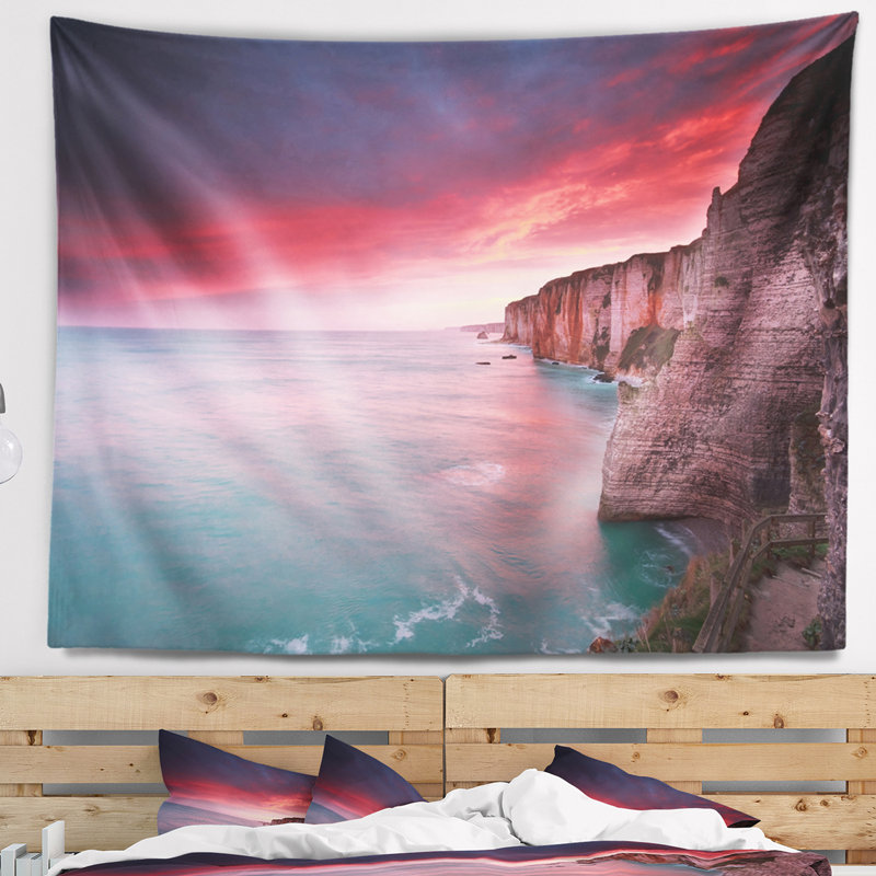 Photo de plage, lever de soleil spectaculaire sur la mer et tapisserie des falaises, H 78 po x l 92 po
