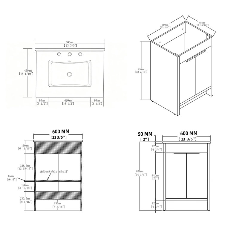 Meuble-lavabo autoportant de 24 po avec lavabo au fini gris, portes à fermeture en douceur, armoire de rangement en contreplaqué
