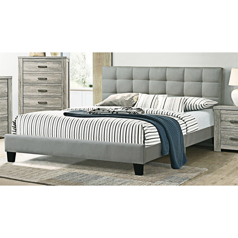 Tufted Headboard Platm Bedframe, Light Gray