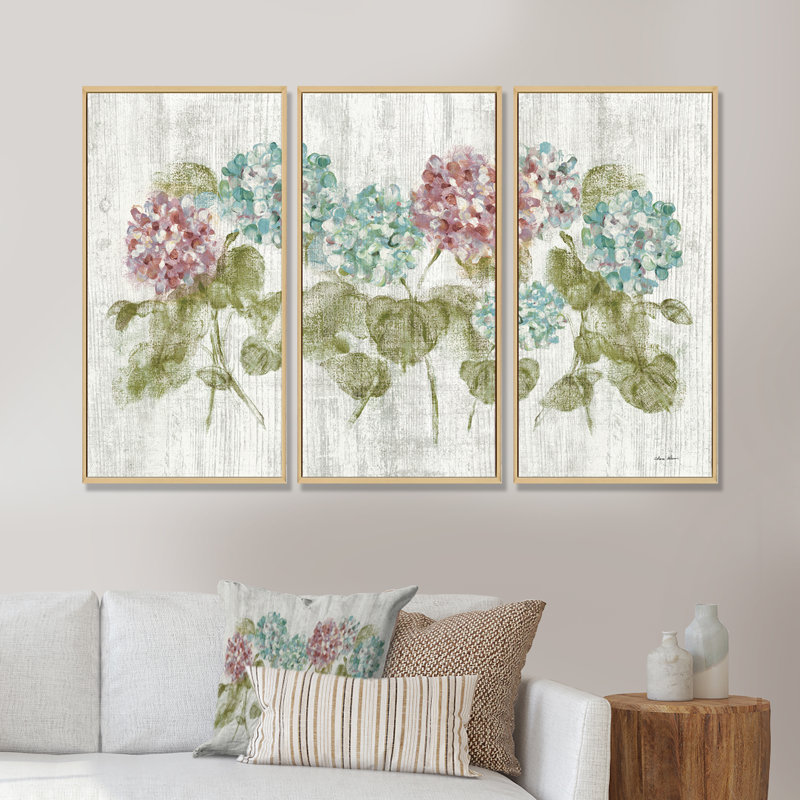 Fleurs d'hortensia rouge et bleu éclatantes - ensemble d'art mural sur toile encadré maison de campagne, Cadre brun