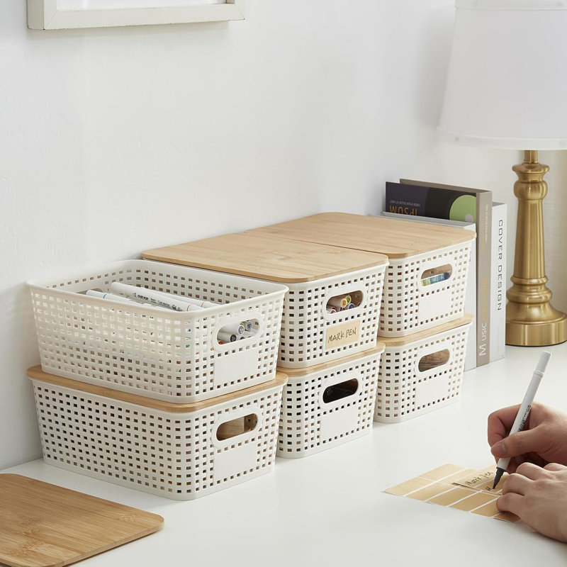 Cream White Plastic Storage Bins with Bamboo Lids