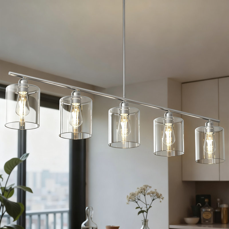 Luminaire suspendu linéaire en verre à intensité variable pour îlot de cuisine 5,9 po (l) à 5 lumières réglables, Nickel, 5