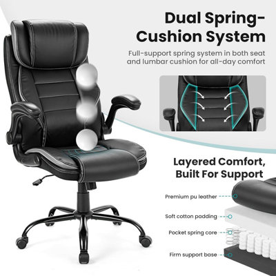 Fauteuil de bureau ergonomique, fauteuil de direction inclinable avec appui-tête réglable et soutien lombaire, accoudoirs rabattables