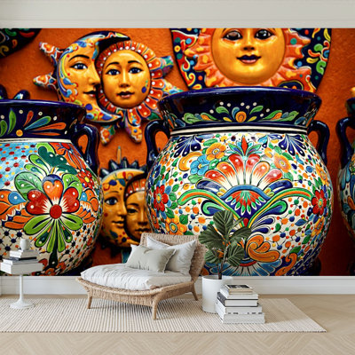 Murale auto-adhésive moderne pour la chambre à coucher Pez et collez l 96 po x H 69 po Céramique populaire mexicaine Cancun