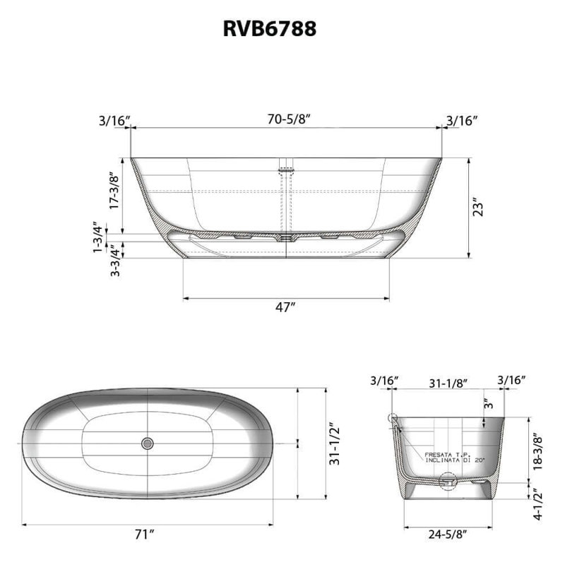 Baignoire autoportante à surface unie en or mat et blanc de 71 pouces Ruvati Sinatra