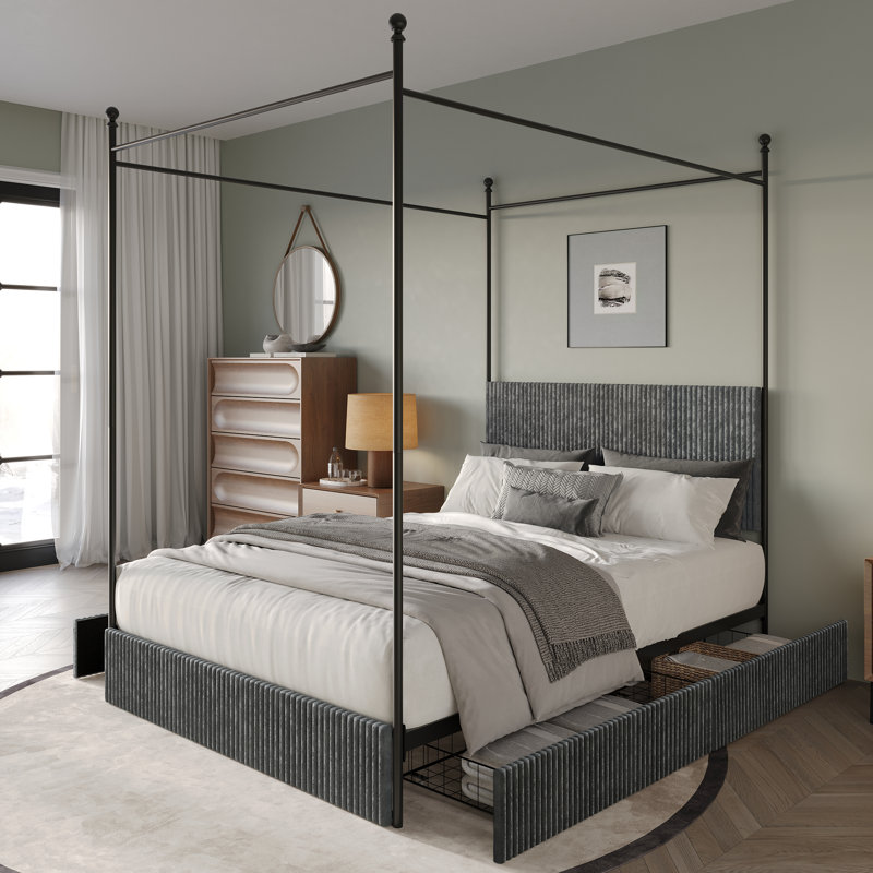 Metal Platform Bed with Storage Drawers In Corduroy, Grey, King