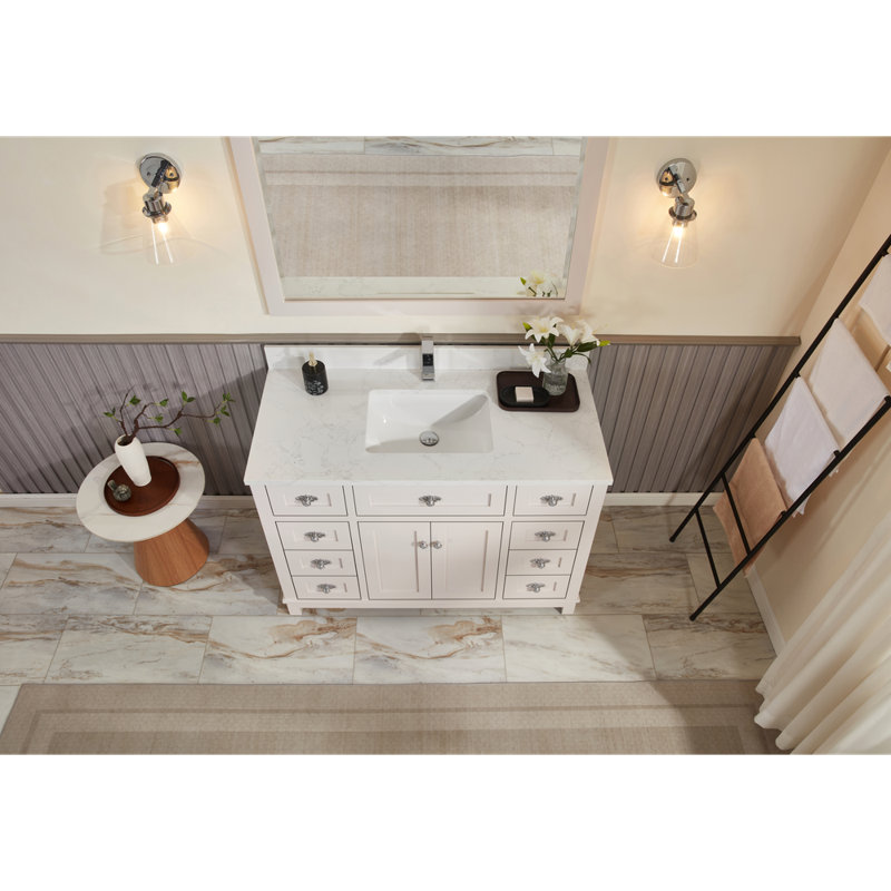 48" Solid Wood Sink Vanity With 1' Artificial Stone Top, Dreamy White, Polished Chrome