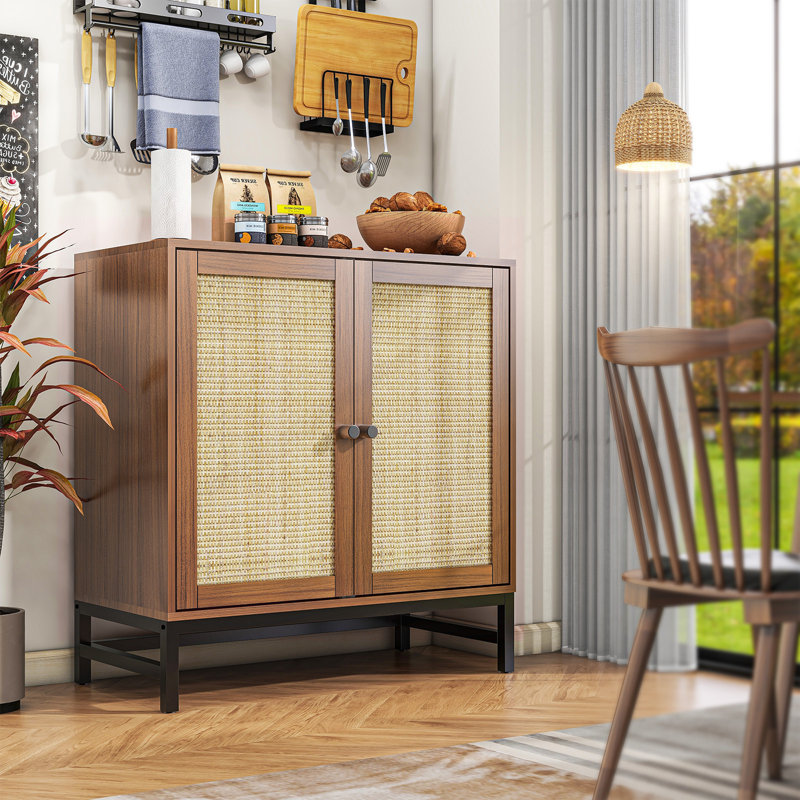 2 Door Walnut Rattan Buffet Sideboard – Small Mid-Century Modern Storage Cabinet for Kitchen, Living & Dining Room, Walnut