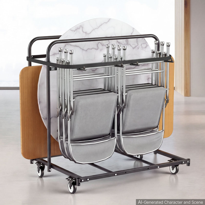 Folding Table and Chair Rack Cart 400 lbs Holds 14 Chairs & 5 Tables, for Party Event Hotel Factory, Heavy-Duty Carbon Steel, Easy to Move, Storage Dolly, with Swivel Casters and Locking Wheels