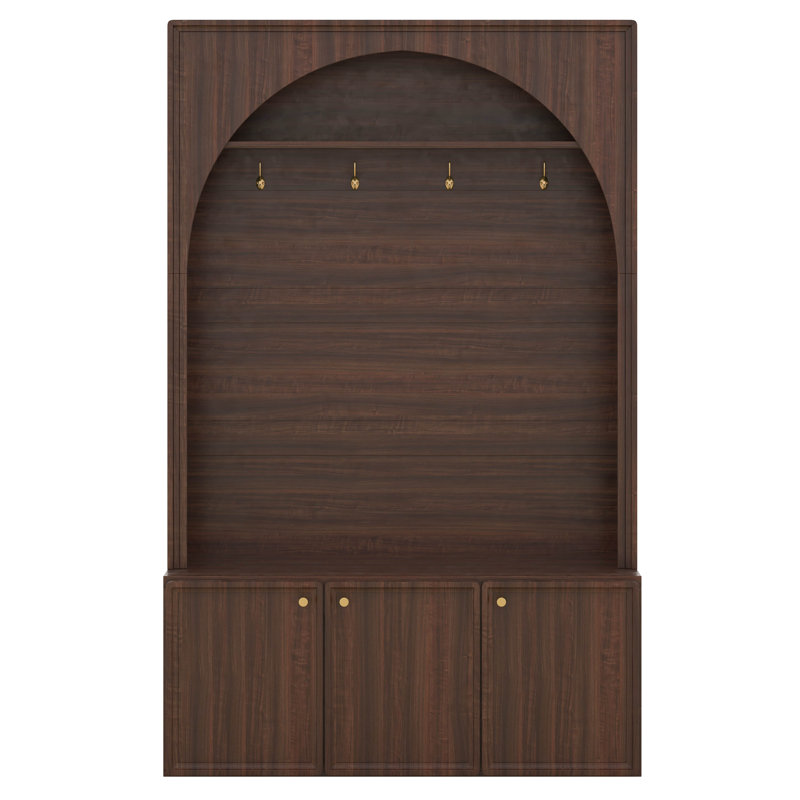 Entryway Hall Tree With Storage Bench, Adjustable Shelves, Arched Coat Rack With 4 Golden Hooks And 3 Cabinets, Walnut
