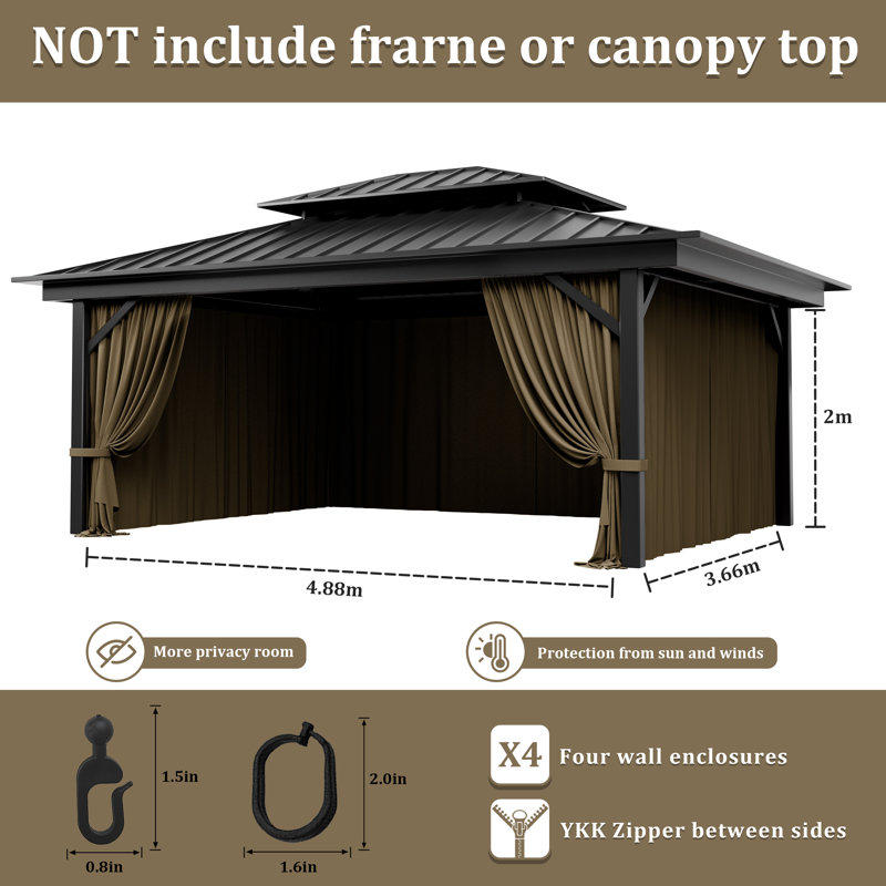 4-Panels Sidewall Curtains For Gazebo, Only Curtains, Sand, 78.74" H x 192" W x 144" D