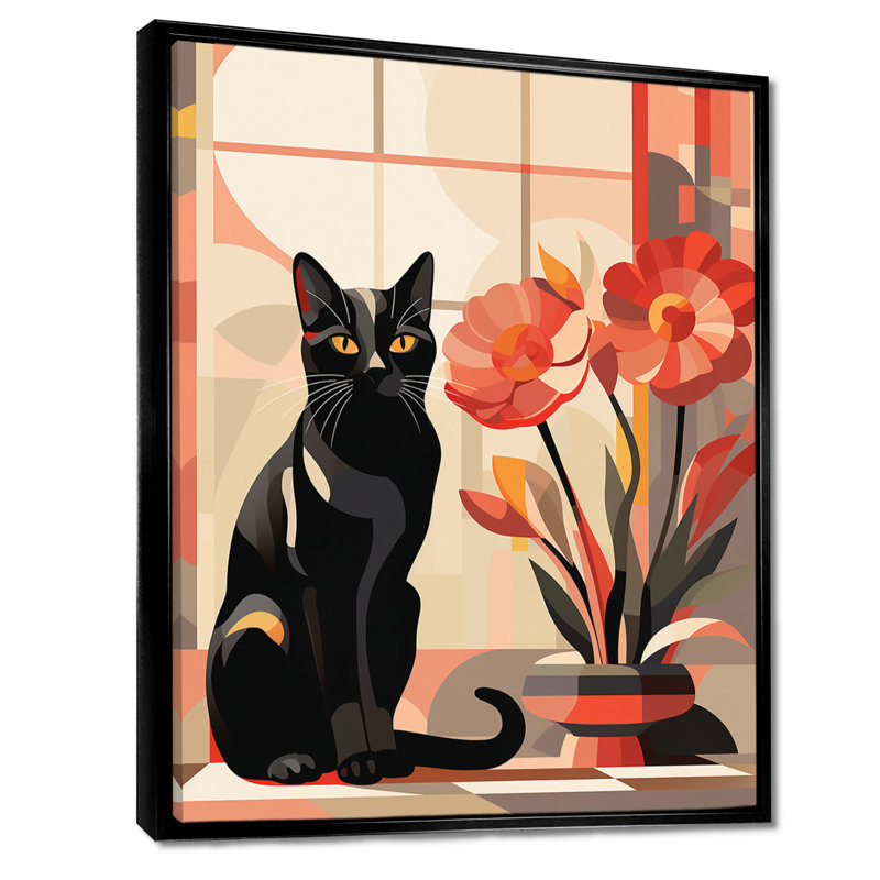 Chat rétro noir assis près de fleurs rouges - chat, art mural dans le salon, Toile avec cadre noir