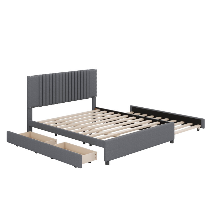 Lit plateforme tapissier avec 2 tiroirs et lit gigogne, tête de lit classique, gris