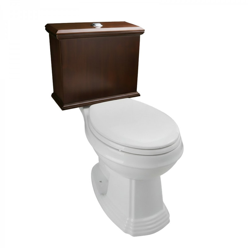 Low Tank Toilet with Dark Oak Flat Panel Tank Elongated White Bowl, Dark Oak/White