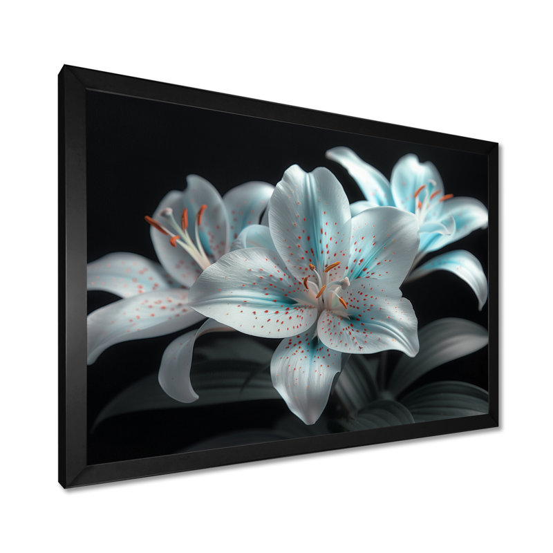 Photo moderne lys en verre blanc et bleu I - salon art mural lys, Cadre flottant brun, H 16 po x l 32 po