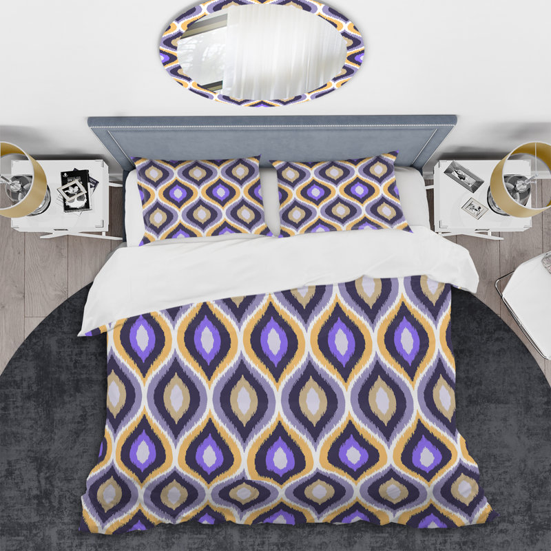 Purple Damask Pattern Polyester Geometric Shapes Duvet Cover, King Duvet Cover + 2 King Shams