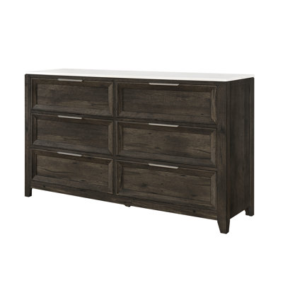 Commode large moderne en bois franc d'ingénierie brun foncé avec six tiroirs, poignées à barre argentée et plateau en faux marbre