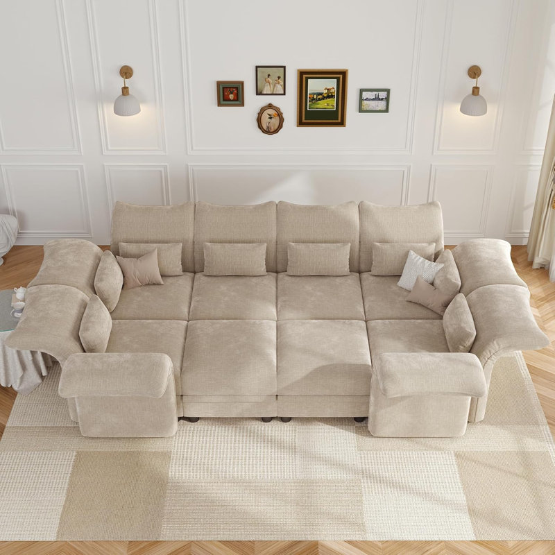 Harlaii 144'' 8 - Piece Upholstered Sectional With Storage, Ivory Velvet