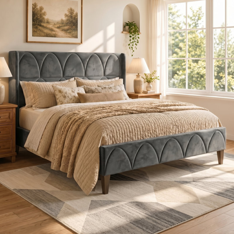 Modern Elegant Upholstered Bed, Gray, King