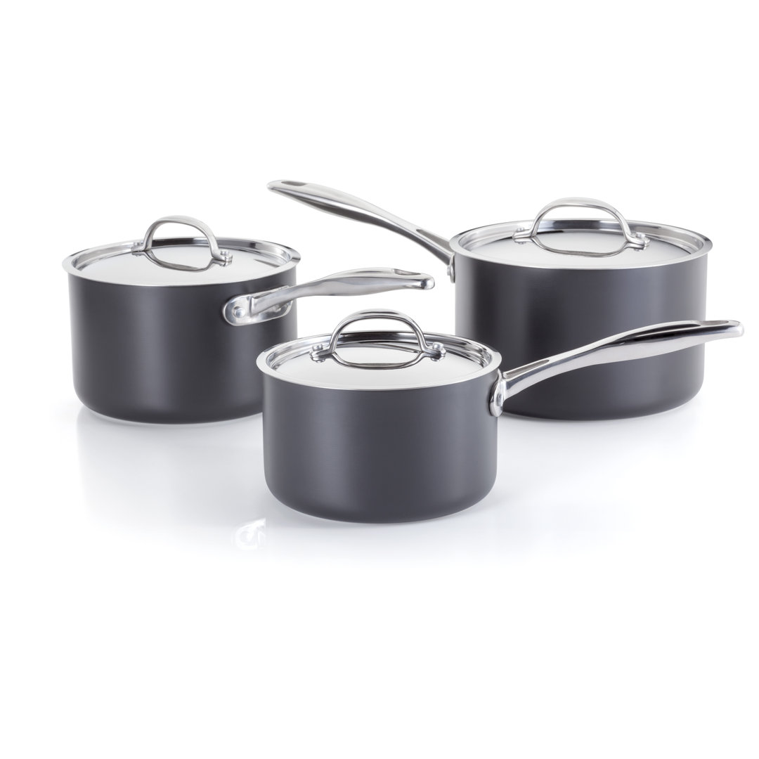 Stellar Hard Anodised Set of 3 Polytetrafluoroethylene Non-Stick Saucepans with Lids, 16/18/20cm, Induction Ready