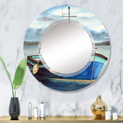 Bateau de pêche bleu avec toit rouge dans le port - Miroir mural nautique et côtier rond