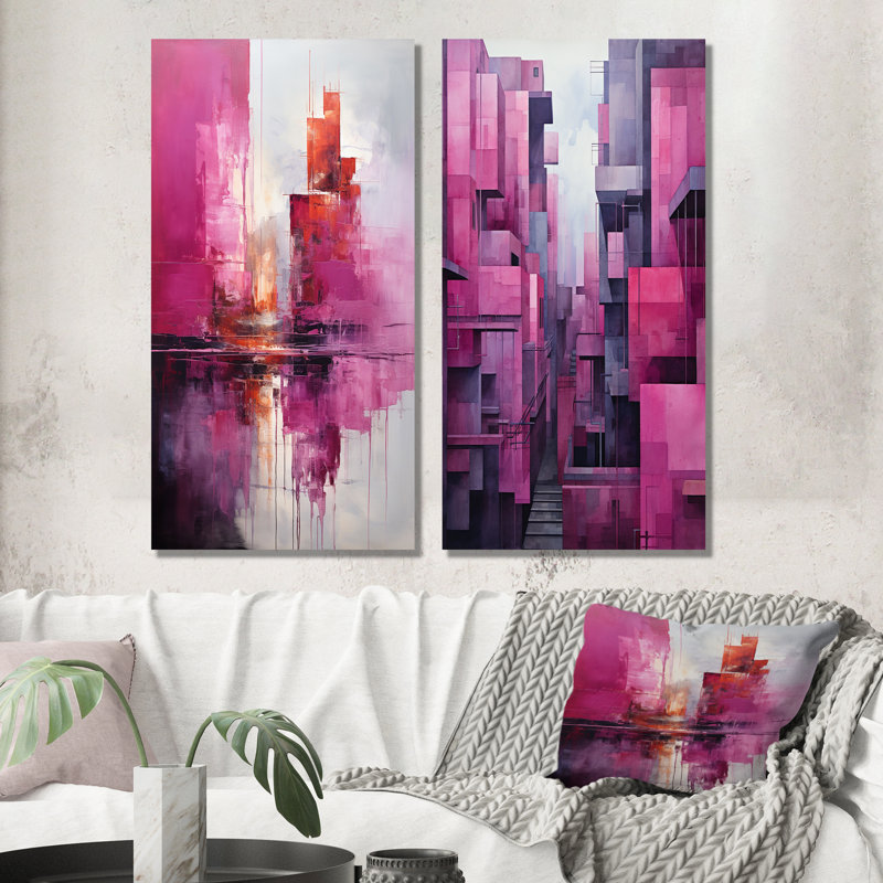 Fuchsia façades gratte-ciel horizon - ensemble de 2 impressions sur toile gratte-ciel, Toile tendue, H 28 po x l 25 po