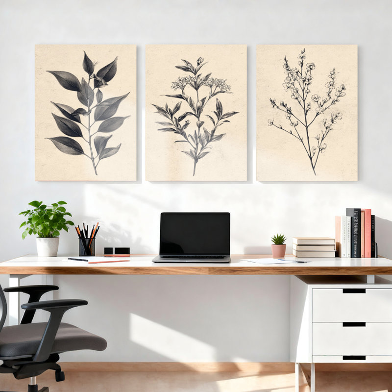 Ensemble de 3 reproductions d'art botanique sur toile à motif de feuilles et de fleurs Botanical, H 30 po x l 60 po