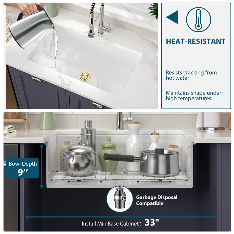 30"Lx18"Wx10"H White Rectangular Undermount Sink Cersamic Single Bowl Kitchen Sink with Accessories