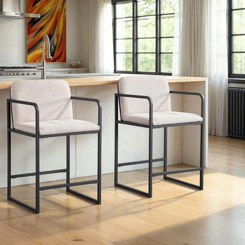 Elegant Counter Height Bar Stools Set of 2 – Upholstered Seats, Metal Frame, and Armrests for Kitchen Island or Home Bar